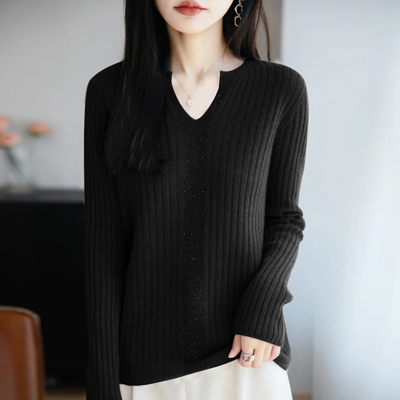 Jersey con cuello de tijeras para mujer, ropa nueva de otoño/invierno, Top de manga larga tejido de lana con proceso de diamante caliente de 100%