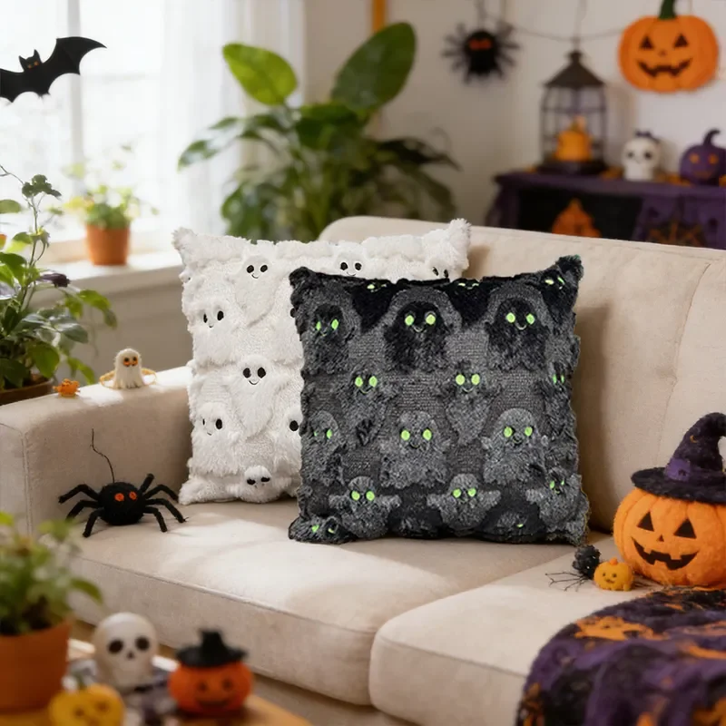 New Halloween plush three-dimensional ghost pillow cover pv plush ghost embroidery black and white holiday sofa is a cushion