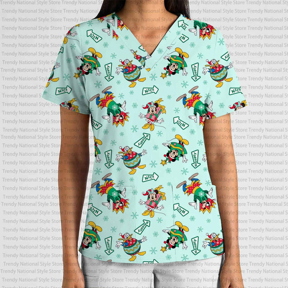 New Christmas Snowflake Mickey and Minnie Elegant Temperament Women's Work Uniform Print Frosted Top with V-Neck Pocket T-Shirt
