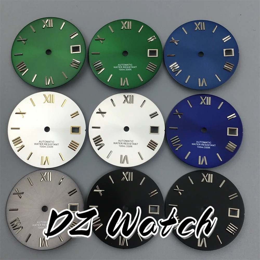 

DZ 29 мм Зеленый Черный Синий Белый Циферблат Индекс римских цифр подходит для часов NH35 с механизмом