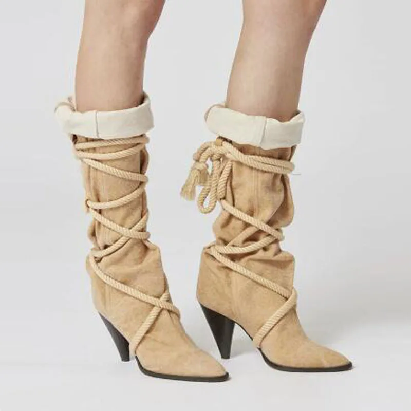 Women Apricot Pointed Toe Cone Heel Mid Calf Boots Autumn Cross Tied Spike Heels Wrap Lace Up Fold Over Canvas Boots Booties