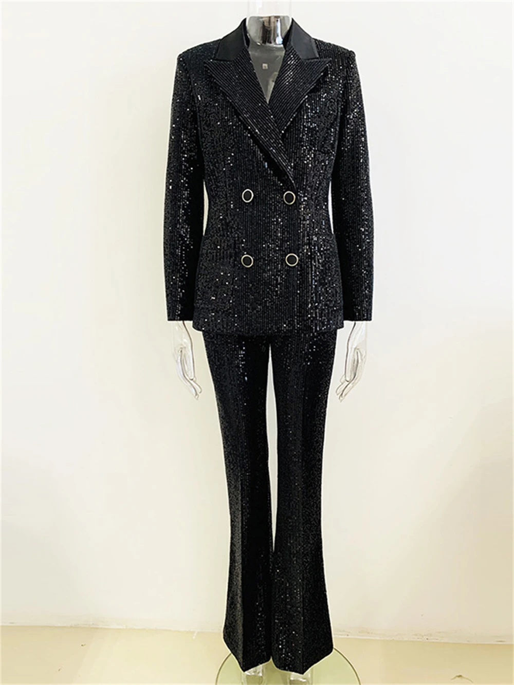 Glitter Sequined Women 2 Pieces Suit Set Fashion High Street Designer Tuxedo Set Double Breasted Blazer With Wide Leg Pants