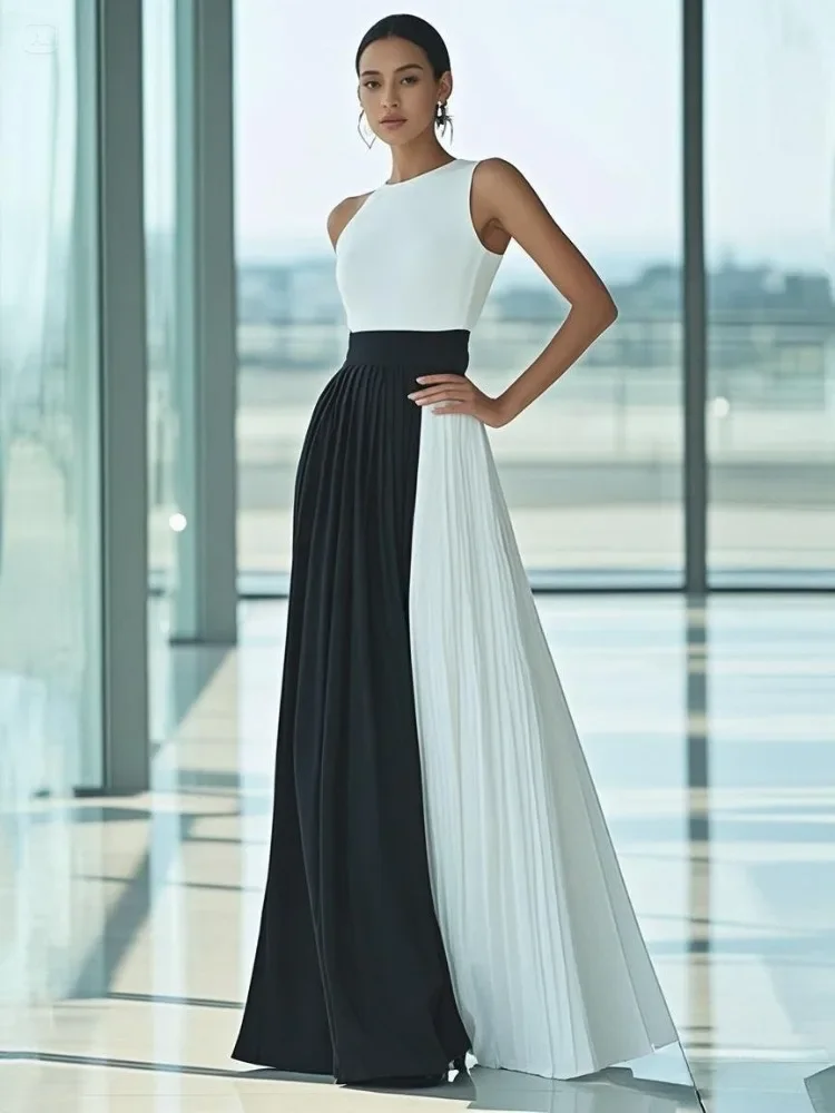 Missuoo 2025 Elegantes Abendkleid für Damen, Stehkragen, ärmellos, plissiert, Maxikleid, Kontrastfarbe, hohe Taille, Brautkleider
