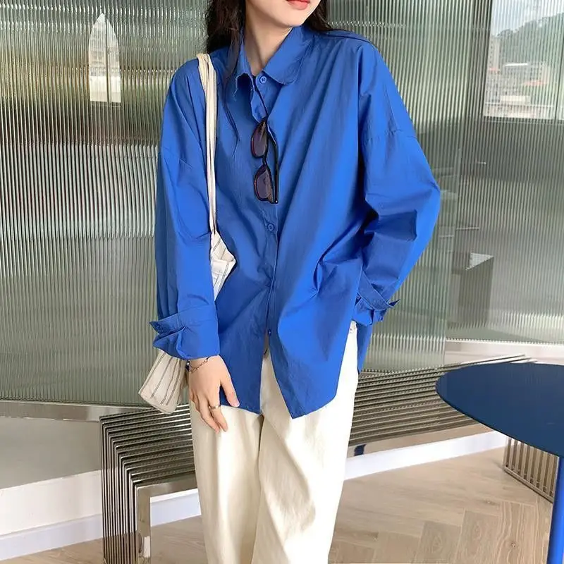 Spring Autumn New Klein Blue Shirt for Women Long Sleeve Polo Neck Loose Korean Solid Color Blouse Tops Casual Fashion Clothing