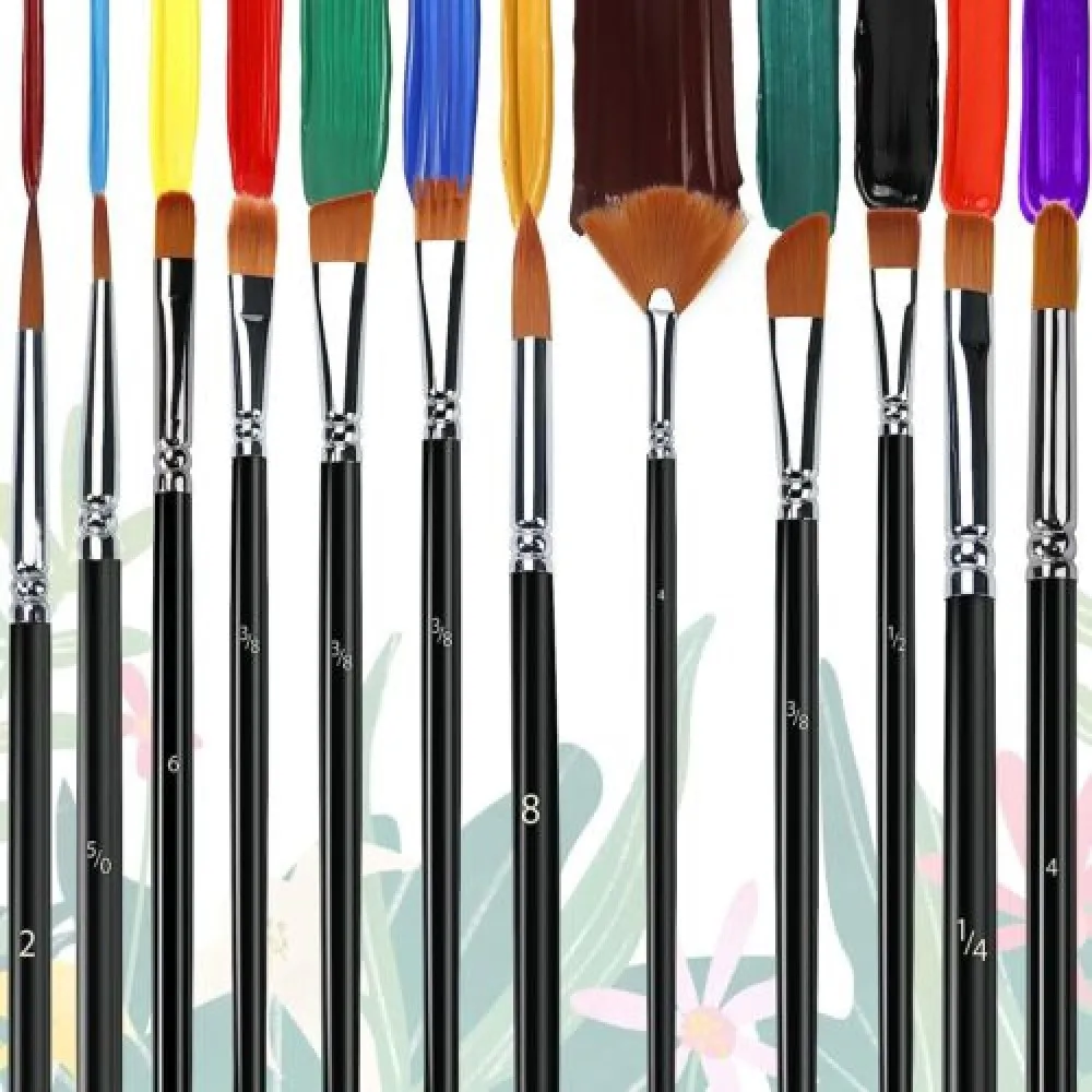 HTVRONT 12Pcs Professional Artist Paint Brush Set Black Oil Watercolor Nylon Tip Hair Multifunction Hook Line Short Pointed Pen