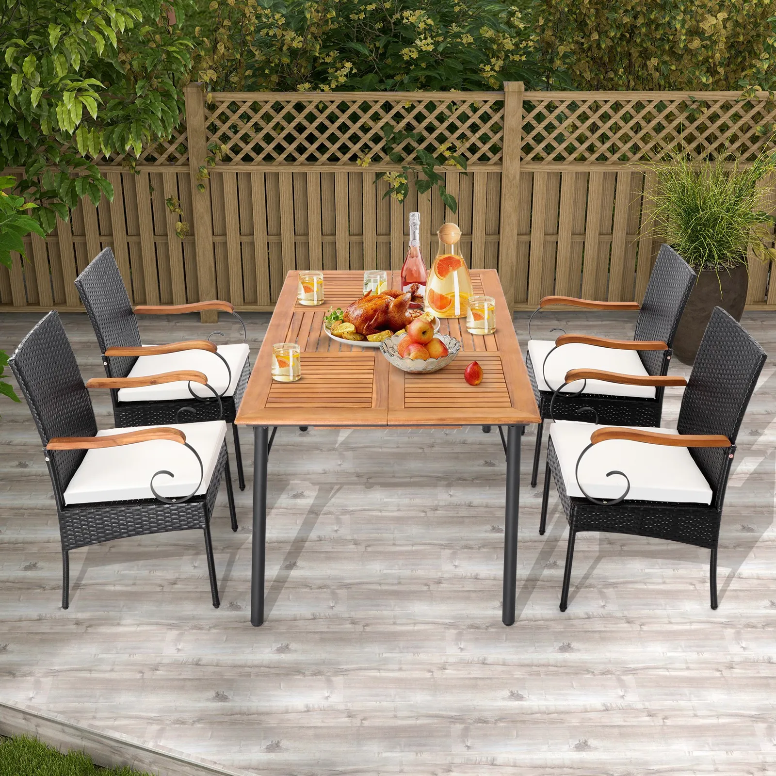 4PCS Patio PE Wicker Chairs Acacia Wood Armrests W/Soft Zippered Cushion Garden