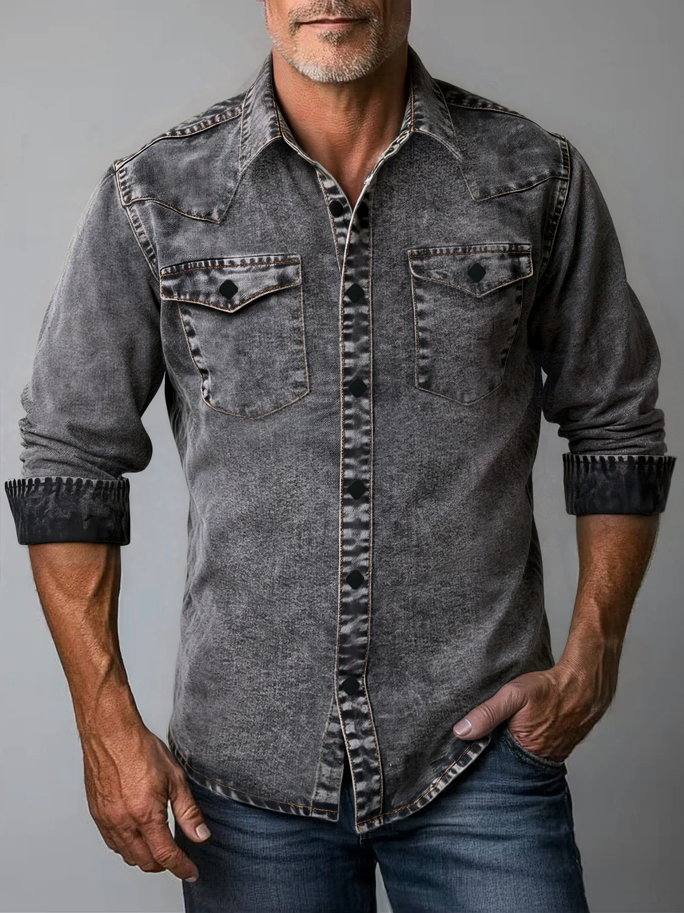 Spring and Autumn Men's Denim Shirt, Vintage Distressed Grey-Tone Denim Shirt, Western Style Pointed Collar with Double Patch Pockets, Hand-Washed Distressed Casual Workwear Long-Sleeve Top, Outerwear or Innerwear for Fall,
