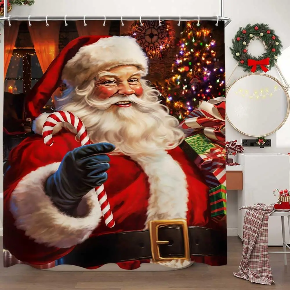 

Vintage Christmas Santa Claus Shower Curtain for Bathroom, Retro Xmas Cute Holiday Fabric Washable Bath Curtains Bathroom Decor