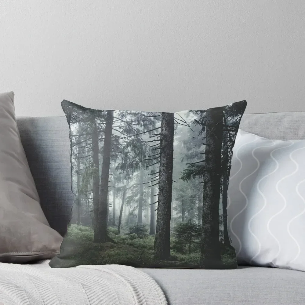 

Path Vibes // Wild Romantic Misty Retro Fall Wilderness Fairytale Forest With Cascadia Trees Covered In Magic Blue Throw Pillow