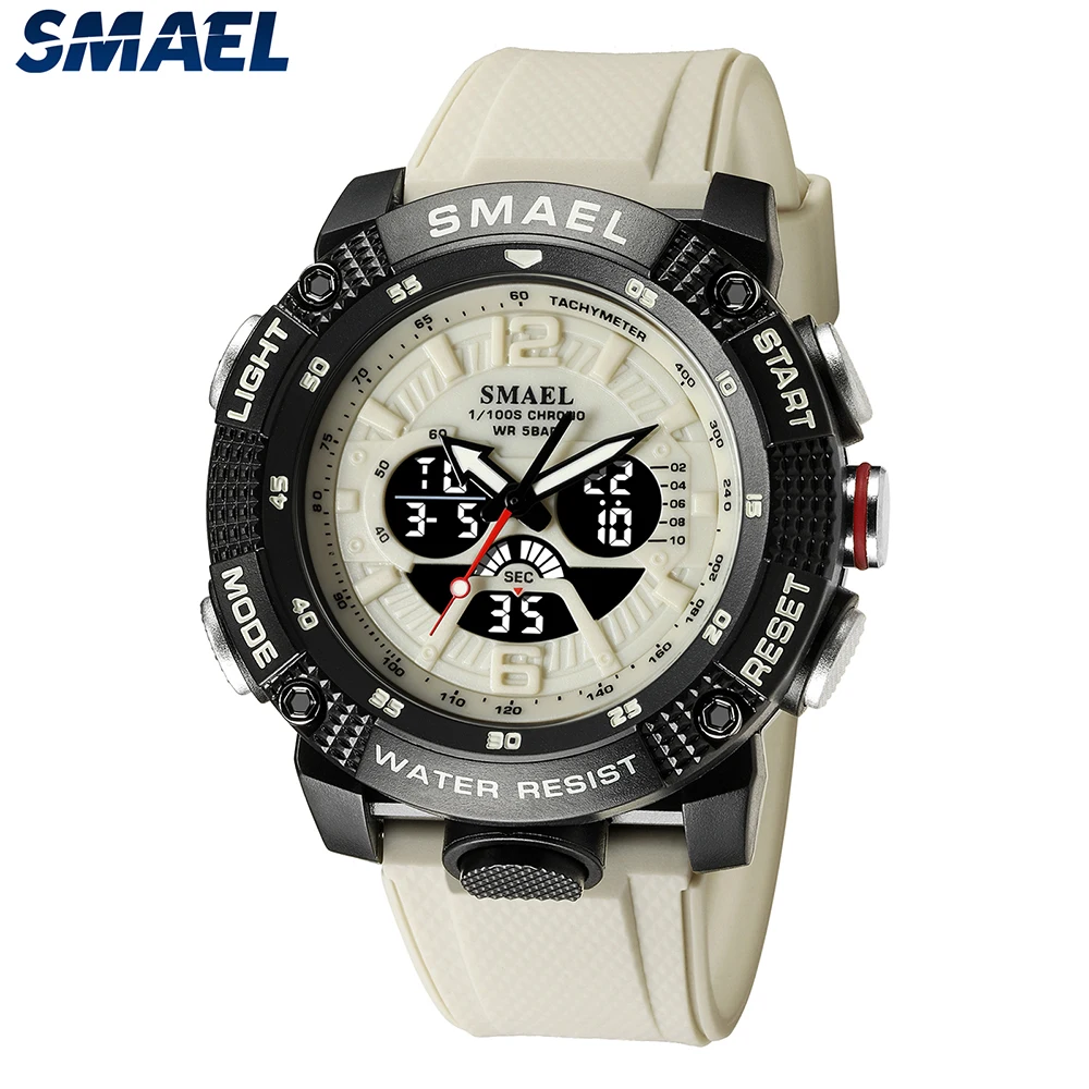 SMAEL Male Clock Digital LED Display Quartz Analog Stopwatch Fashion Green Orange Clock 8058 Men Sport Watch