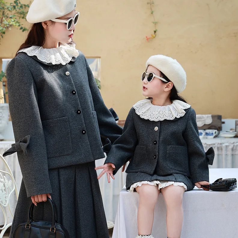 Parent-child clothing winter new Korean mother and daughter clothing plus cotton wool coat set girls sweet wool 3 sets