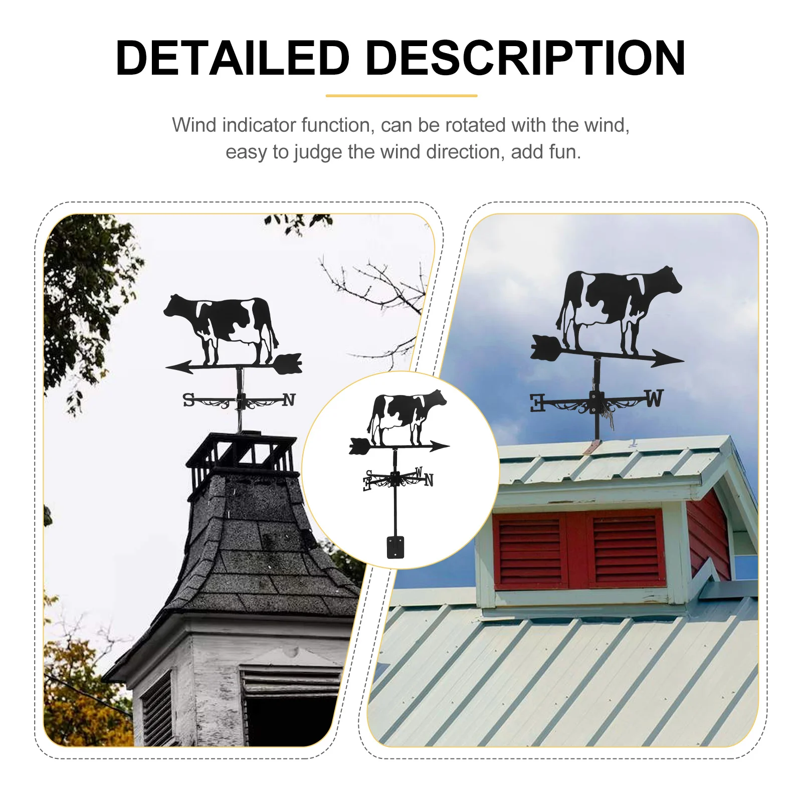 

1Set 3D Cow Weathervane Iron Stylish Weather Vane for Roof Garden Patio Outdoor Yard Wind Direction Indicator Weathervane