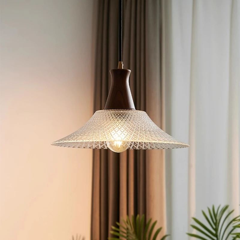 French Retro Walnut Glass Ripple LED Ceiling Pendant Lamps Restaurant Cafe Kitchen Study Interior Atmosphere Decor Hanging Light