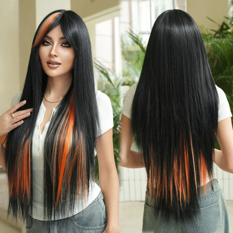 High-quality 32-inch extra-long cosplay straight for women, sunny orange highlights, fashionable subculture wig
