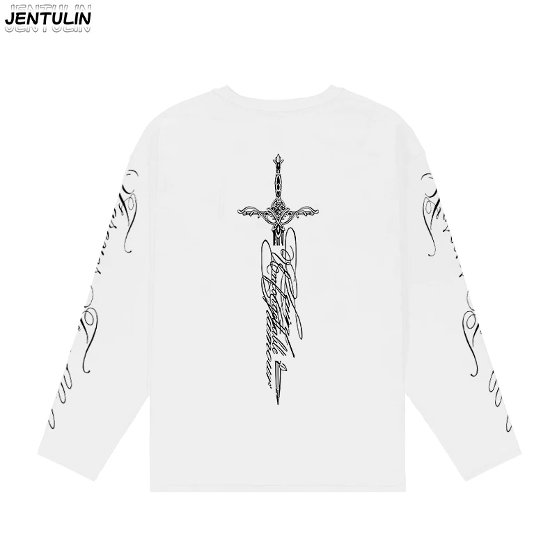 2025, amerikanisches Retro-gewaschenes, trendiges Muster, mit Buchstaben bedrucktes Langarm-T-Shirt, lässiges, lockeres Street-Style-bedrucktes Top, Streetwear
