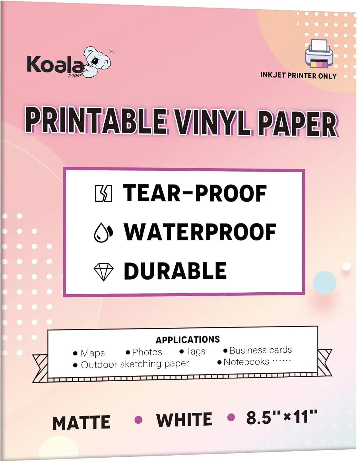 

Waterproof Inkjet Paper 8.5x11 30 Sheets, Matte White Tear-Resistant, Quick-Drying