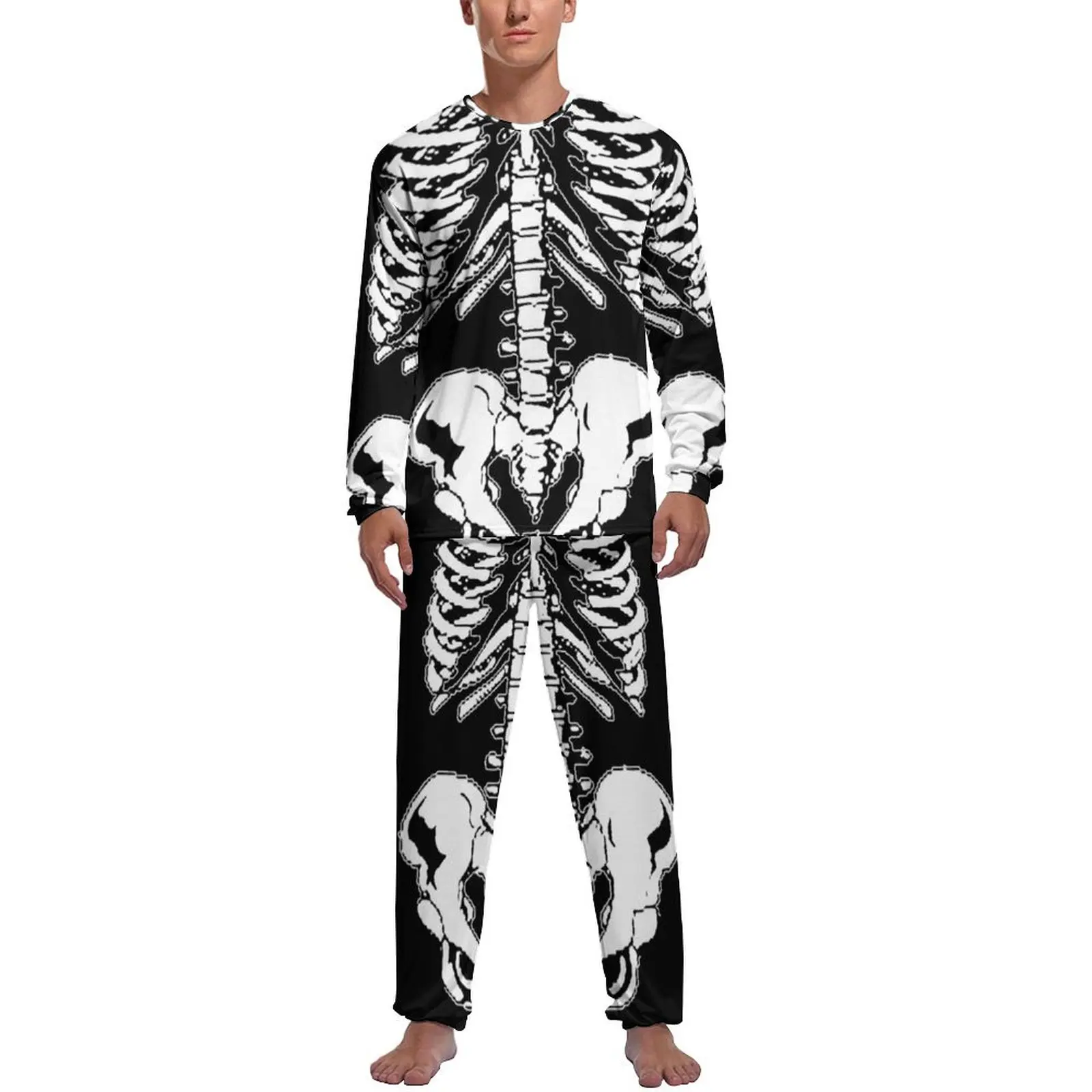 Halloween Skeleton Pajamas Men Rib Cage and Pelvis Spooky Warm Sleepwear Spring Long Sleeve 2 Pieces Casual Printed Pajamas Set