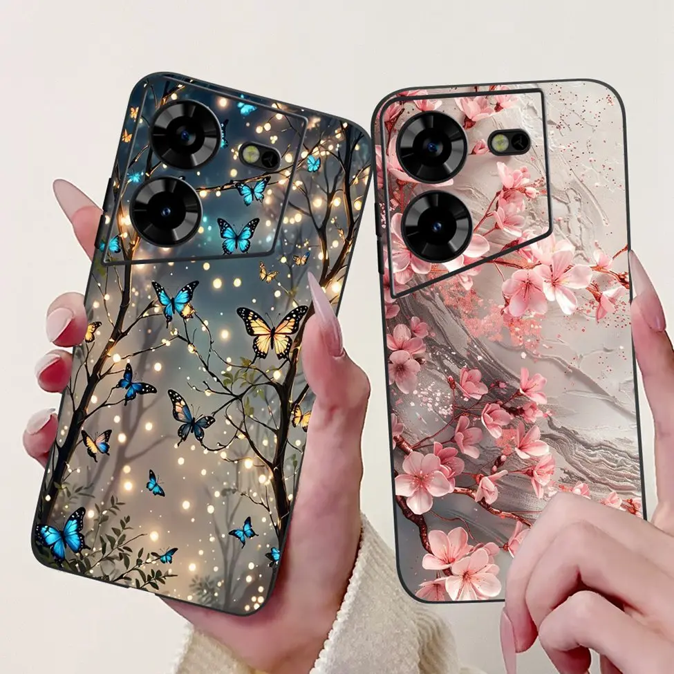 غطاء لهاتف Tecno Pova 5 حافظة LH7n من السيليكون اللطيف على شكل قطة على شكل زهور فاخرة مطلية لهاتف Techno Pova 5 حافظة هاتف ممتصة للصدمات
