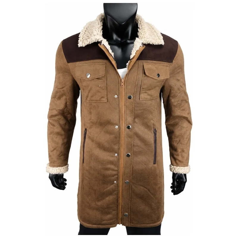 Men Faux Suede Color Block Jacket Multi Pocket Zip Up Casual Coat Fall Winter Outerwear