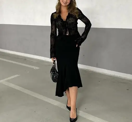 

2026 New Women's Fashionable Blouses Chiffon Shirt with Sexy Perspective Slim Fit Lace Up Pleats and Flared Sleeves Top Female