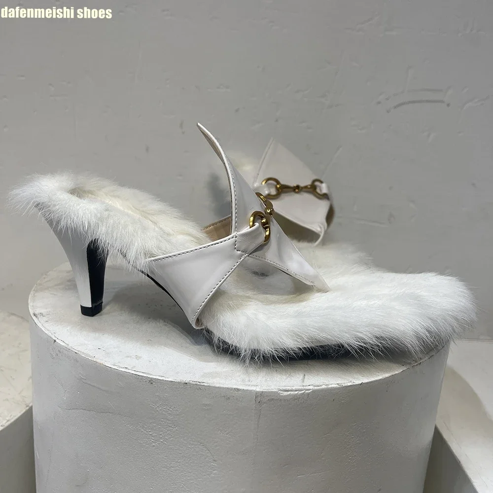 

Genuine Leather Rabbit Fur Fashion Women Slippers Metal Buckle Slip On Thin Heel Sandals Slides Flip Flops 2025 New Sandals