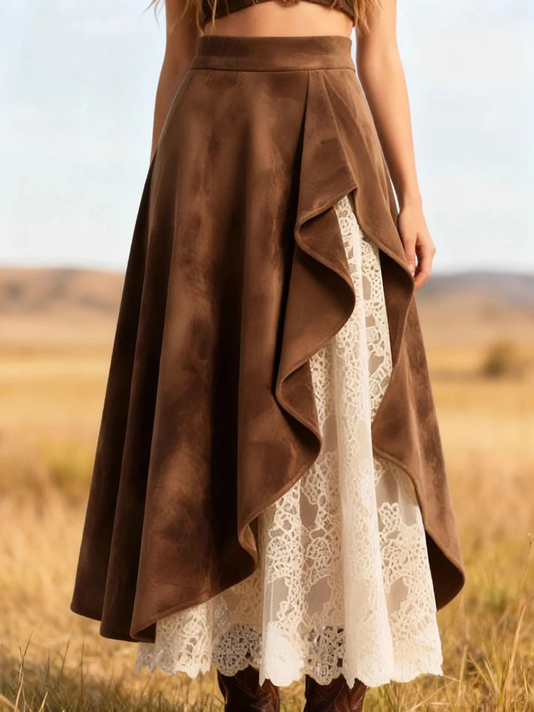 Women Western Vintage Suede Lace Skirt Brown High Waist Slim Sheer Patchwork A-Line Fashion Midi Falda Female Chic Long Skirts