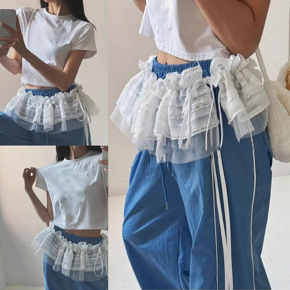 ใหม่ปักดอกไม้ลูกไม้กระโปรงมินิดูผ่าน Harajuku Lace Up Ruffles กระโปรง Y2K Streetwear ผ้าม่านกางเกงยีนส์ตกแต่ง