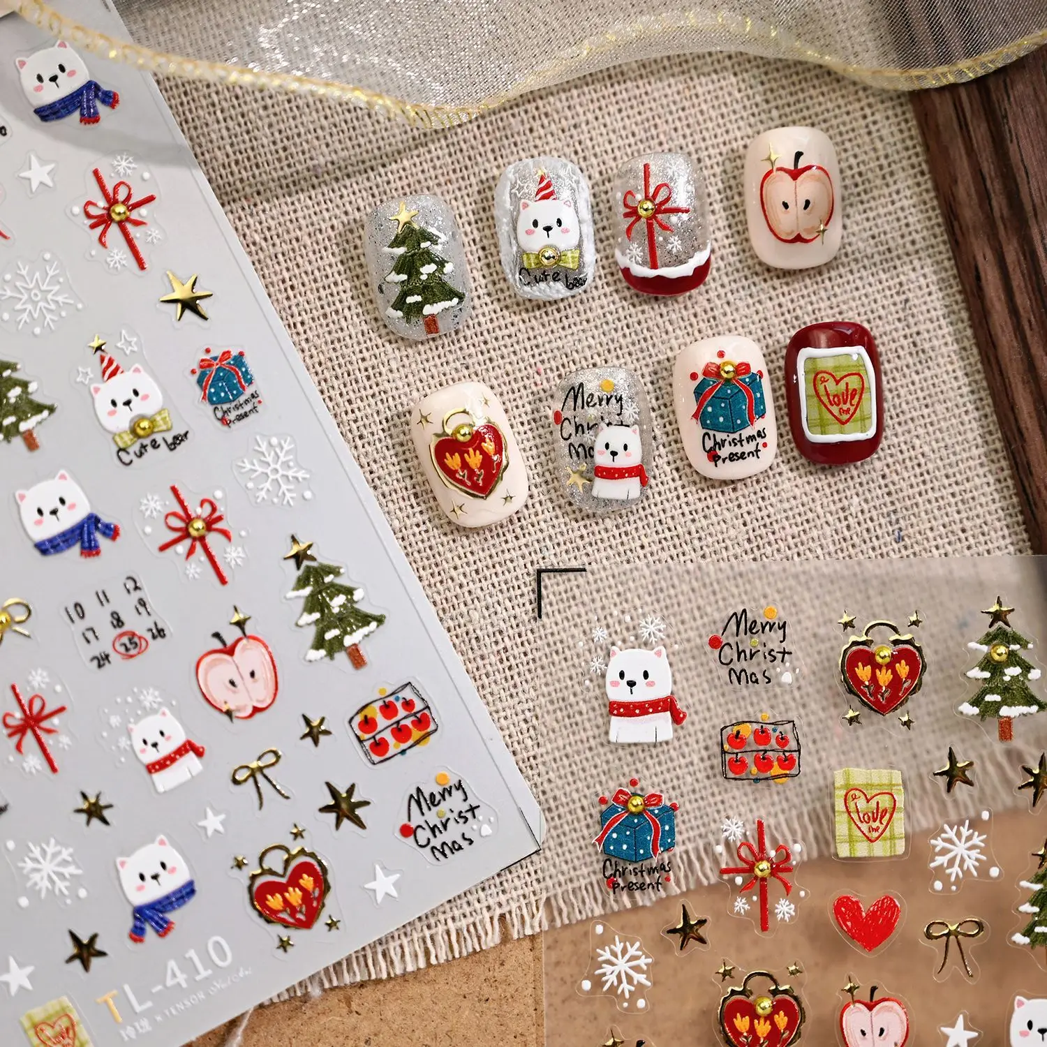 Cute Christmas Nail Art Decorations Stickers 5D Gold Star Bows Cartoon Bear Nail Stickers DIY New Year Kawaii Accessories Decals