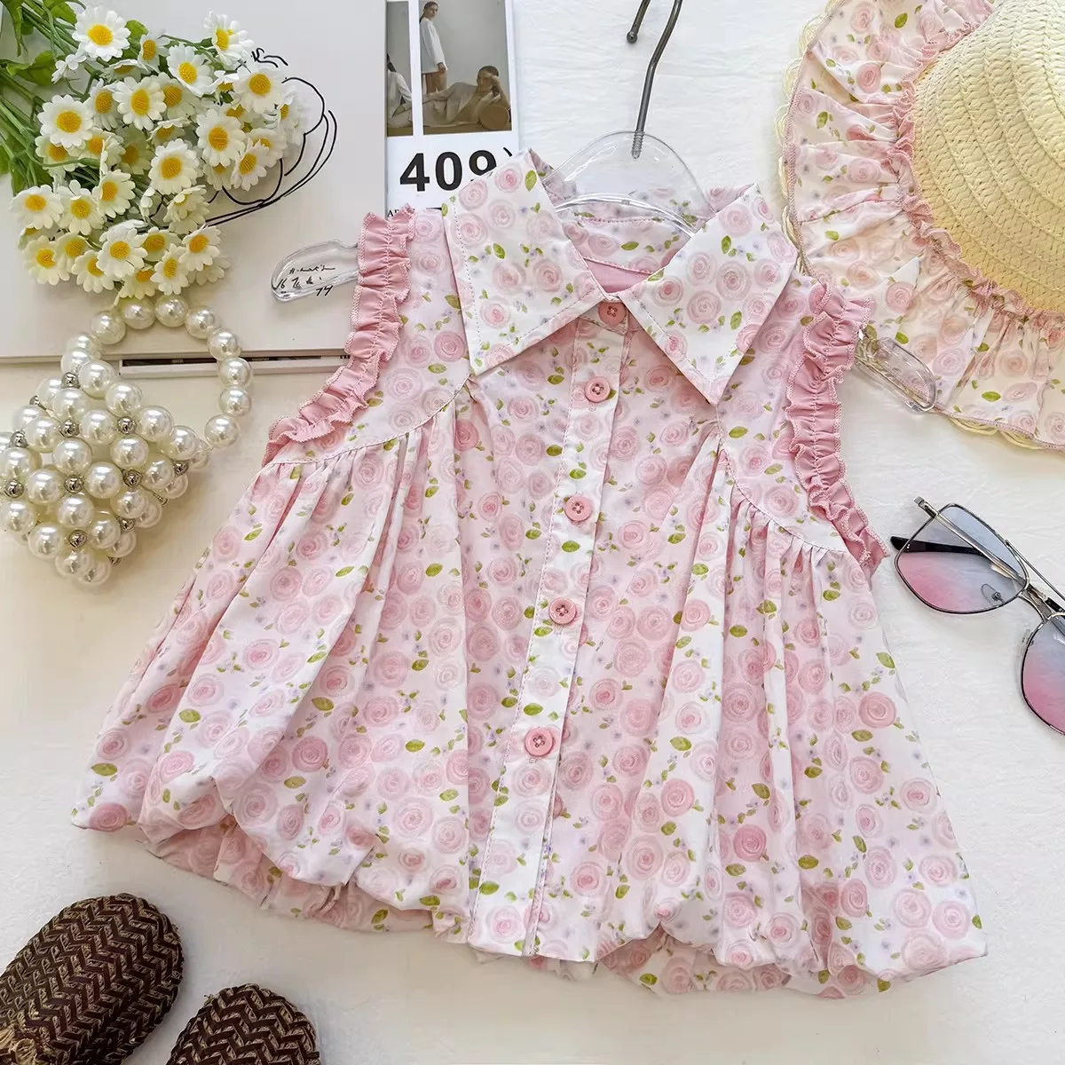 2026 new girls' floral sleeveless ruffled shirt, flower bud pants two-piece set, summer children's countryside set