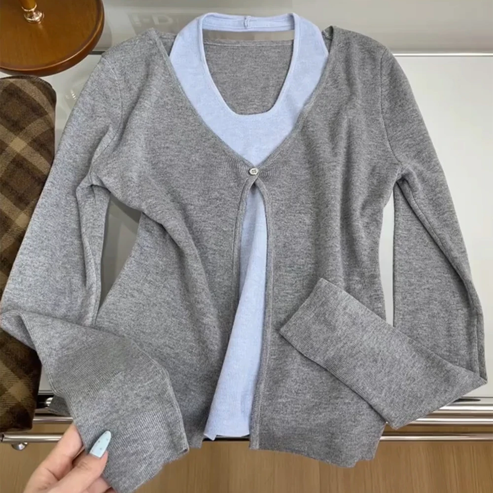 

Поддельные вязаные топы из двух предметов в стиле пэчворк, женские корейские ранние осенние свитера контрастного цвета, темпераментные элегантные тонкие пуловеры