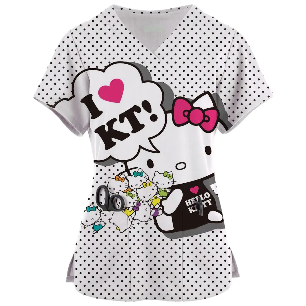 Медицинская Униформа Hello Kitty скрабы, женские топы для медсестер с мультяшным принтом Hello Kitty, униформа для жениха с коротким рукавом, одежда для Carer