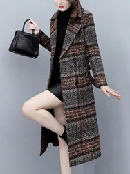 Women' Medium and Long Double-Breasted Flip collar Retract waist Woolen Coat Slim Coffee Plaid Windbreaker High-end Clothing New