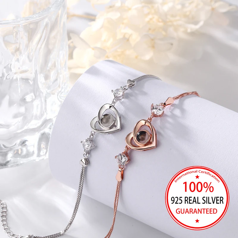 925 Sterling Silver Custom Color Picture Projection Heart Pendant Bracelet Valentine's Day Gift For Girlfriend Exquisite Wedding