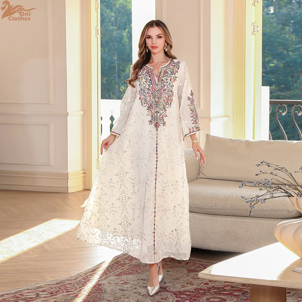 

Elegant New Dubai Kuwait Embroidery Luxury Woman Evening Dress Morocco Mesh Sleeve Abayas Stylish Kaftan 2025