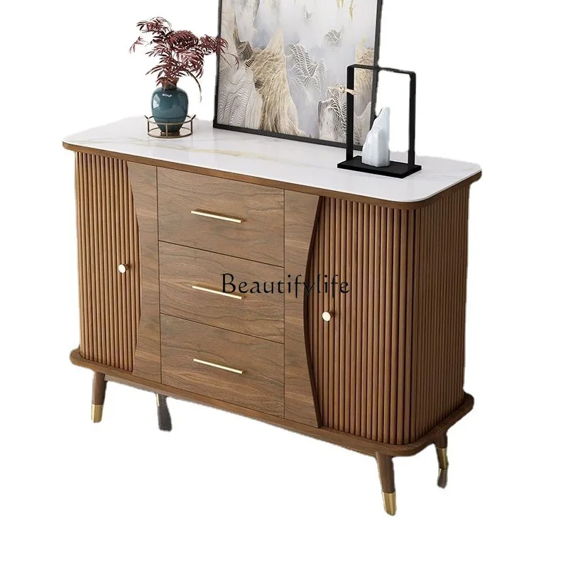 

New Chinese-style dining side cabinet integrated against the wall living room light luxury locker solid wood color home
