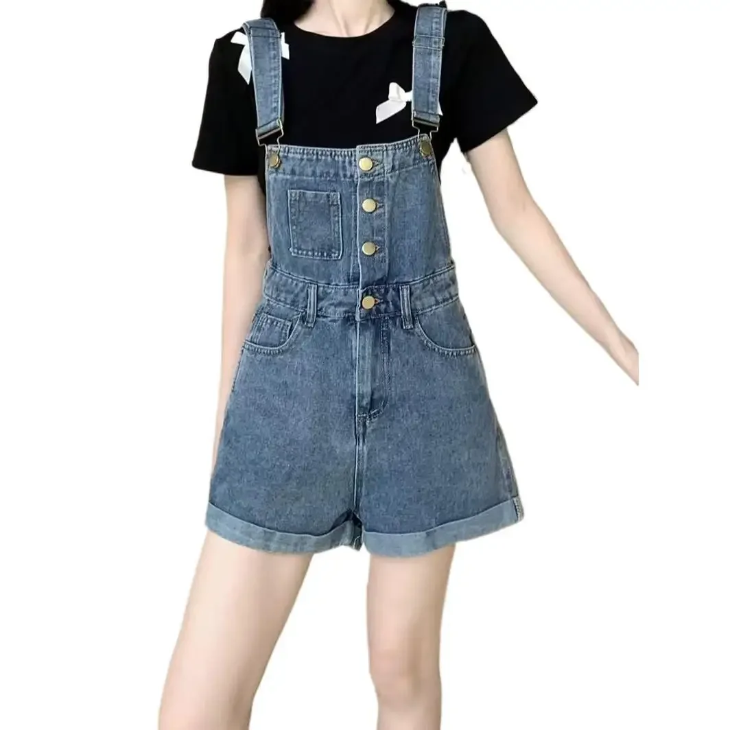 ハイウエストストレートデニムオーバーオール レディース 春夏新作 シングルボタン カフ付きショートパンツ プラスサイズ ワイドレッグパンツ