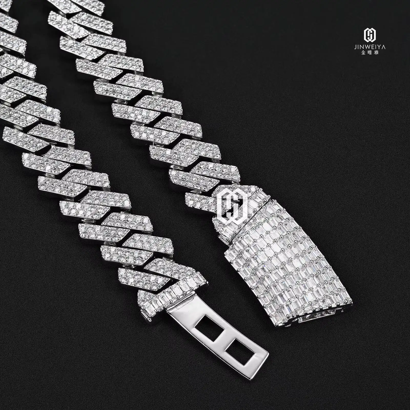 Fashion 14MM Baguette Cut Curved Flip Clasp Cuban Link Chain Brass VVS Moissanite Iced Out Miami Necklace Hip Hop Jewelry for Me