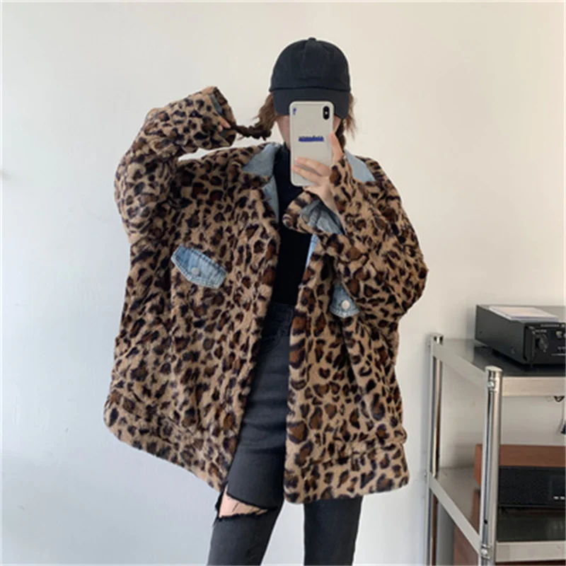 New Style Fried Street Wearing Denim Jacket Women's 2022 Winter Thick Cotton Coat Leopard Print Retro Chic Cotton Clothes Tide X