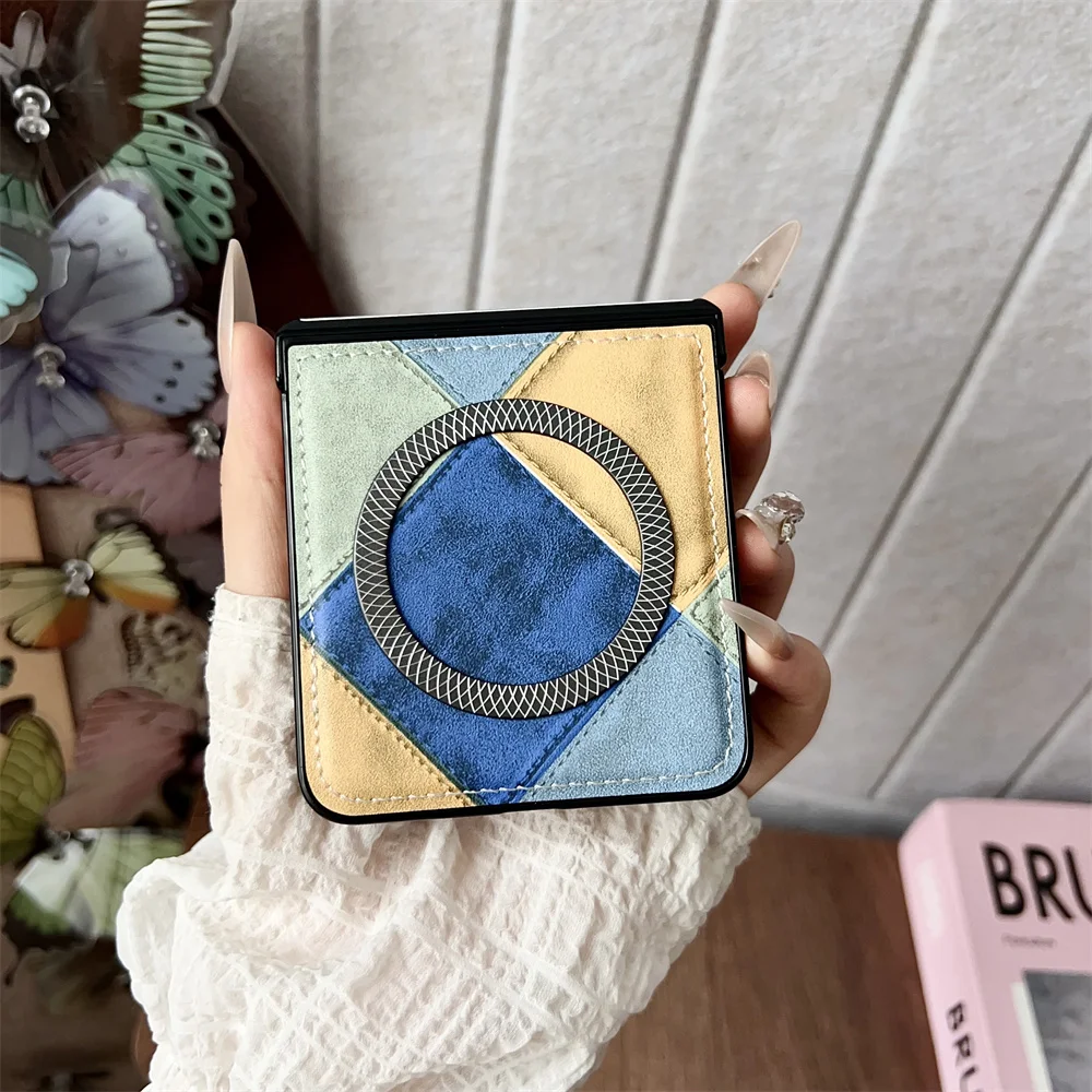 สีสัน Splicing หนังแม่เหล็กสําหรับ Samsung Z Flip 7 6 5 zflip 4 3 5G สําหรับ Magsafe ไร้สายชาร์จบานพับฝาครอบ