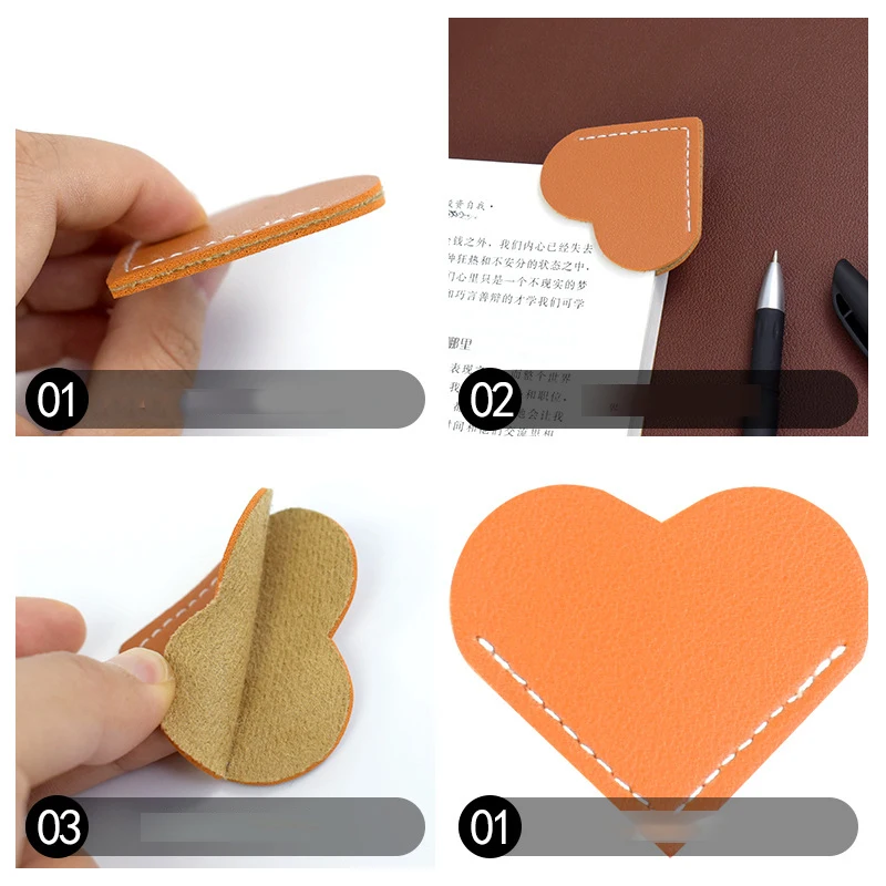 Handcrated Creative PU Leather Love Book Page Clip Mini Business Student Library Portable Gift Heart Bookmark