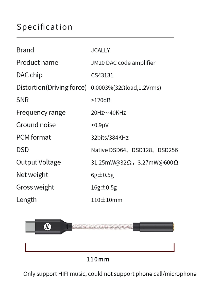 JCALLY JM20 Max CS43131 Typ C auf 3,5 mm HiFi DAC JM20 Digitale Audiodekodierung USB C Kopfhörer AMP Adapter für Android iPhone 15 16 – Detail 16