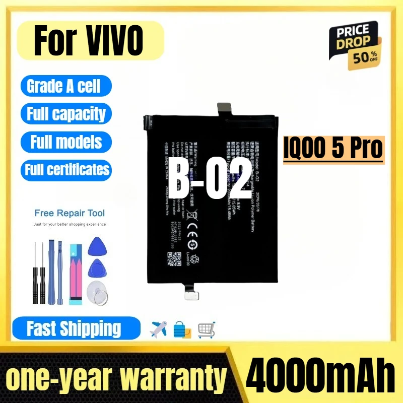 

B-O2 for VIVO IQOO 5 Pro Mobile Phone Battery 0 Cycle High Quality High Capacity Replacement Bateria Grade A Cell with Tools