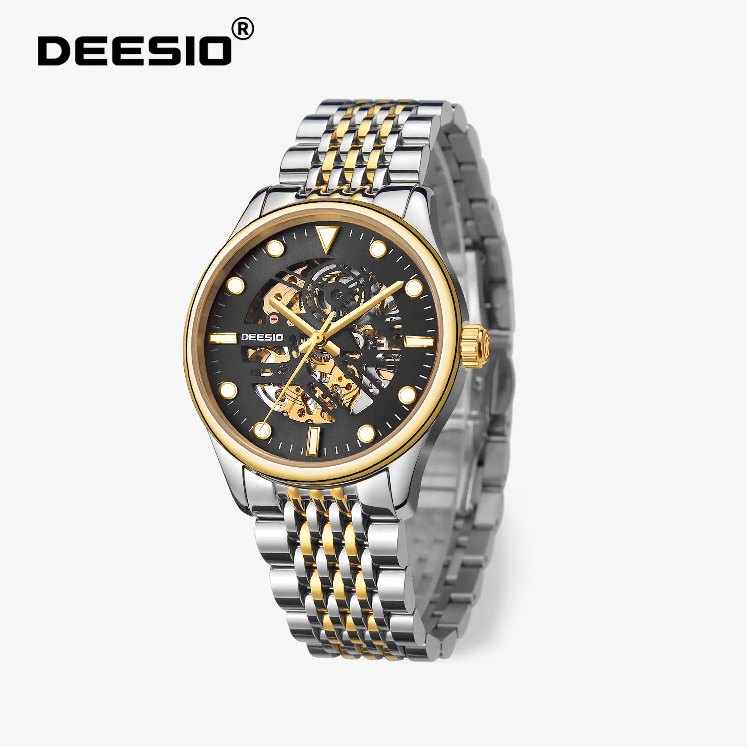 Deesio Herren-Luxus-Automatik-Mechanische Uhr, Skelett, leuchtend, 30 m wasserdicht, Edelstahl, Saphirglas, Schmetterlingsverschluss