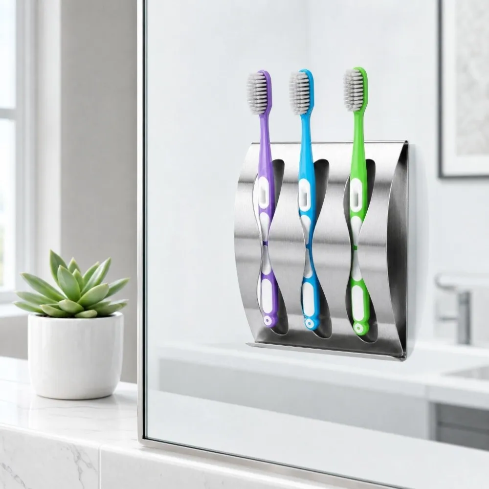 Stainless Steel Toothbrush Holder Punch-Free Silver Toothbrush Organizer Wall Mount Modern Design Razor stand Bathroom Washroom