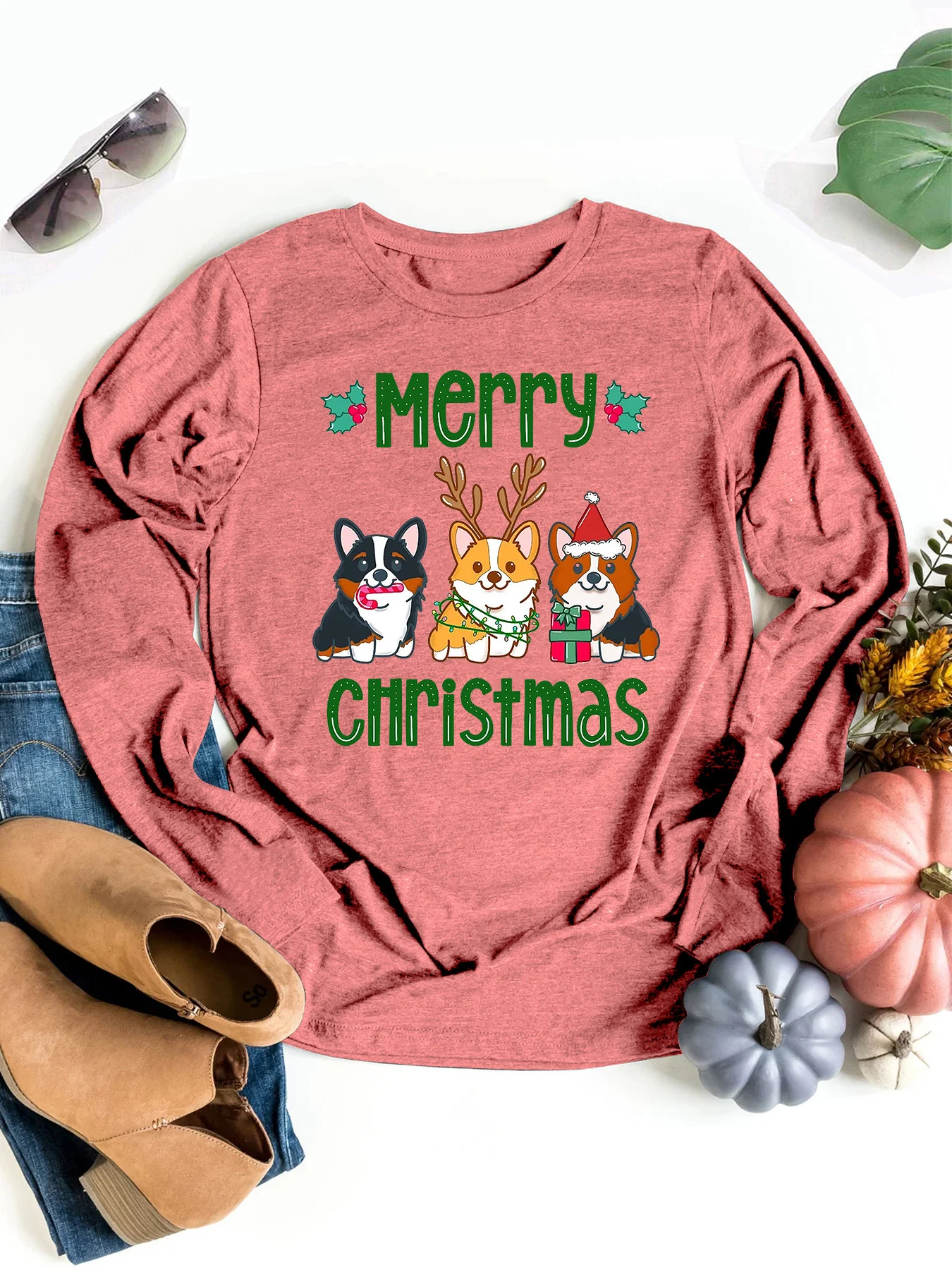 Plus size Women\'s long sleeve Autumn/Winter T-shirt, cute little Corky for Christmas, cute puppy print, retro neutral casual sty