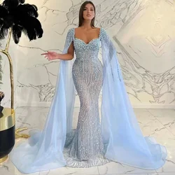 Luxury Arabic Blue Beaded Mermaid Prom Dresses Cape Sleeves Sexy Evening Dresses 2024 Dubai Women Wedding Party Gowns