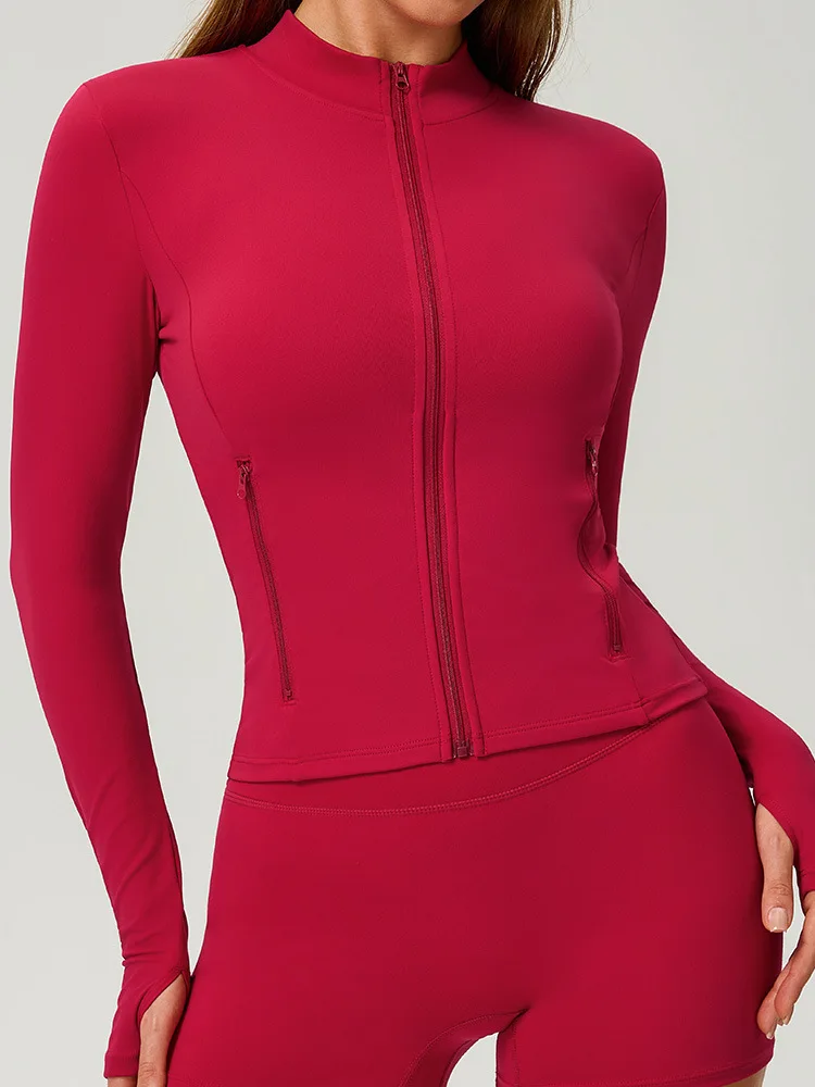 DINGPAI Women Stand Collar Full Zip Sport Jacket Thumb Hole Long Sleeve Slim Fit Yoga Top Gym Workout Running Fitness Activewear