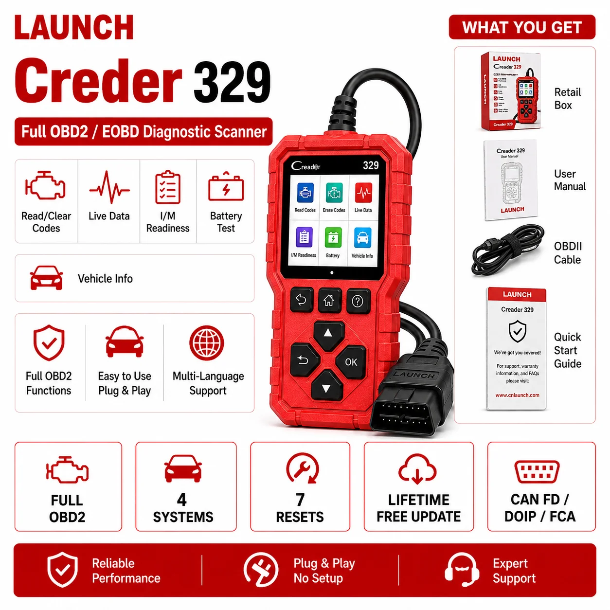 LAUNCH Creader 329 OBD2 Scanner Engine Code Reader Full OBDII Diagnostic Tool with Battery Test Live Data I/M Readiness O2 Senso