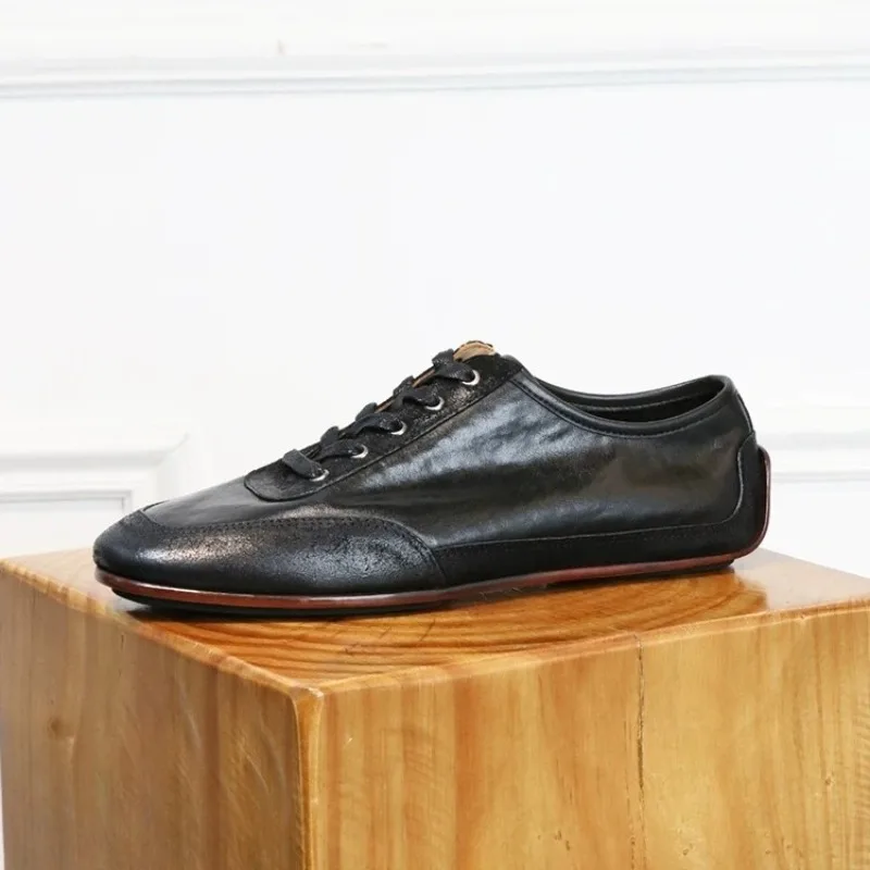 Retro Washed Genuine Leather Casual Training Shoes Men's Handmade Flat Work Walking High Quality Sport Driving Leather Shoes