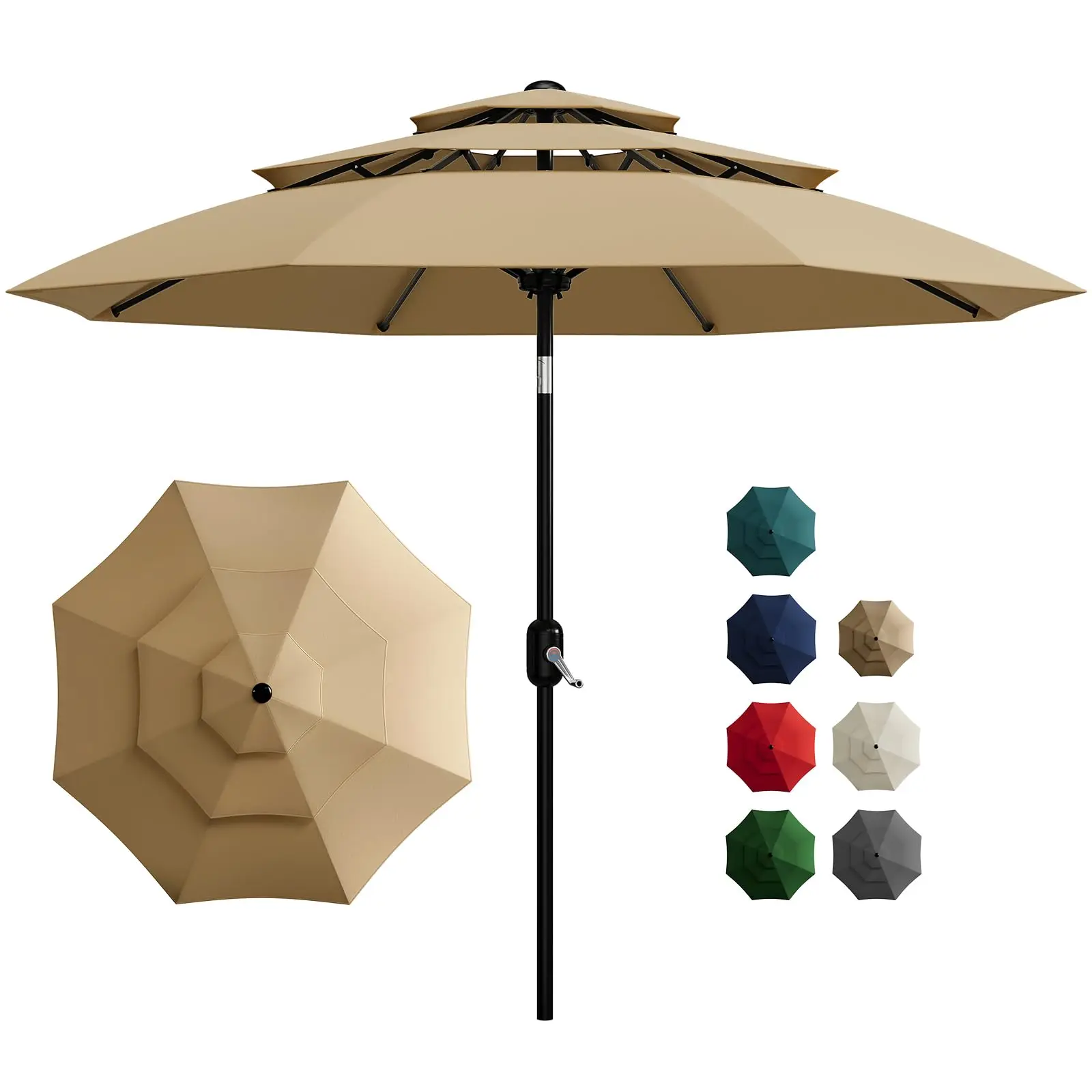 

10FT 3-Tier Patio Umbrella Vented Outdoor Table Market Umbrella With Crank & Tilt Sunshade Fade Resistant For Pool Deck Yard